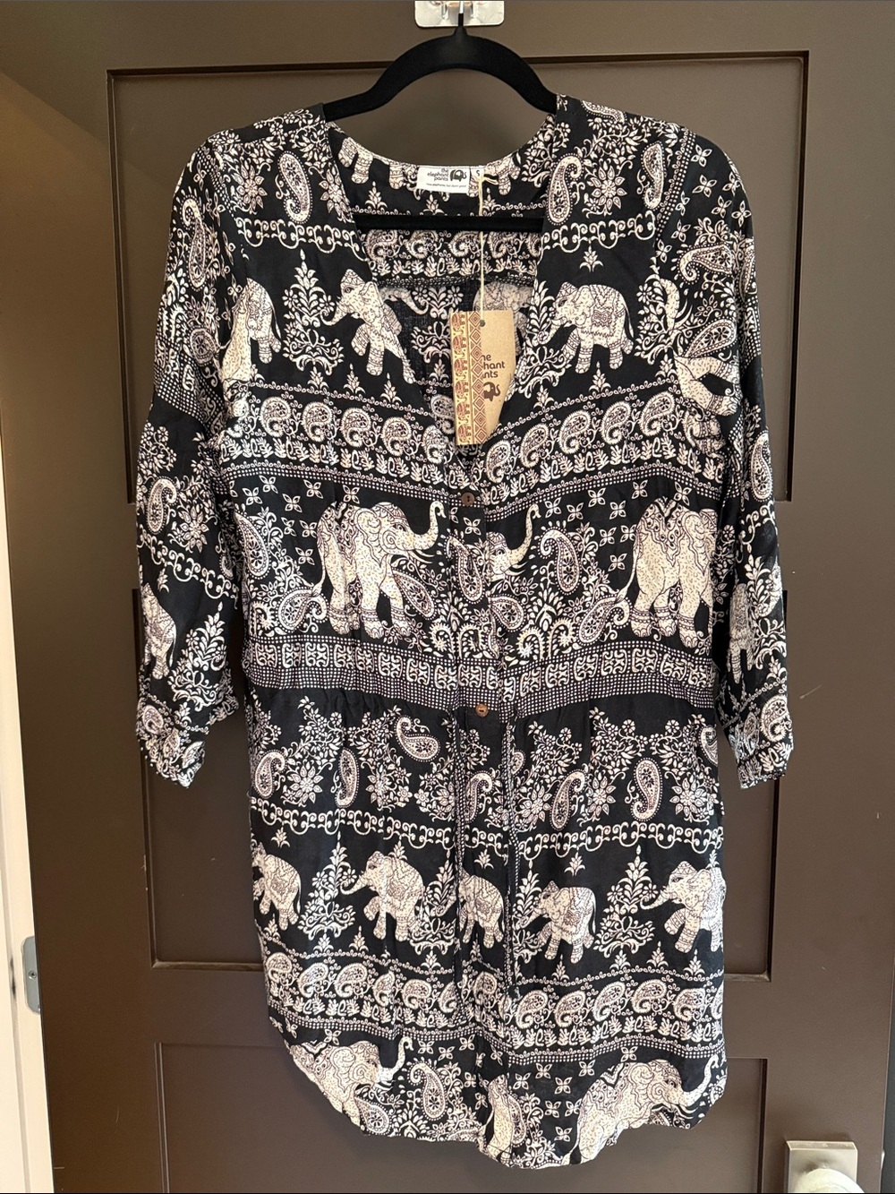 Black & White Elephant Print Women's Drawstring Tunic Dress